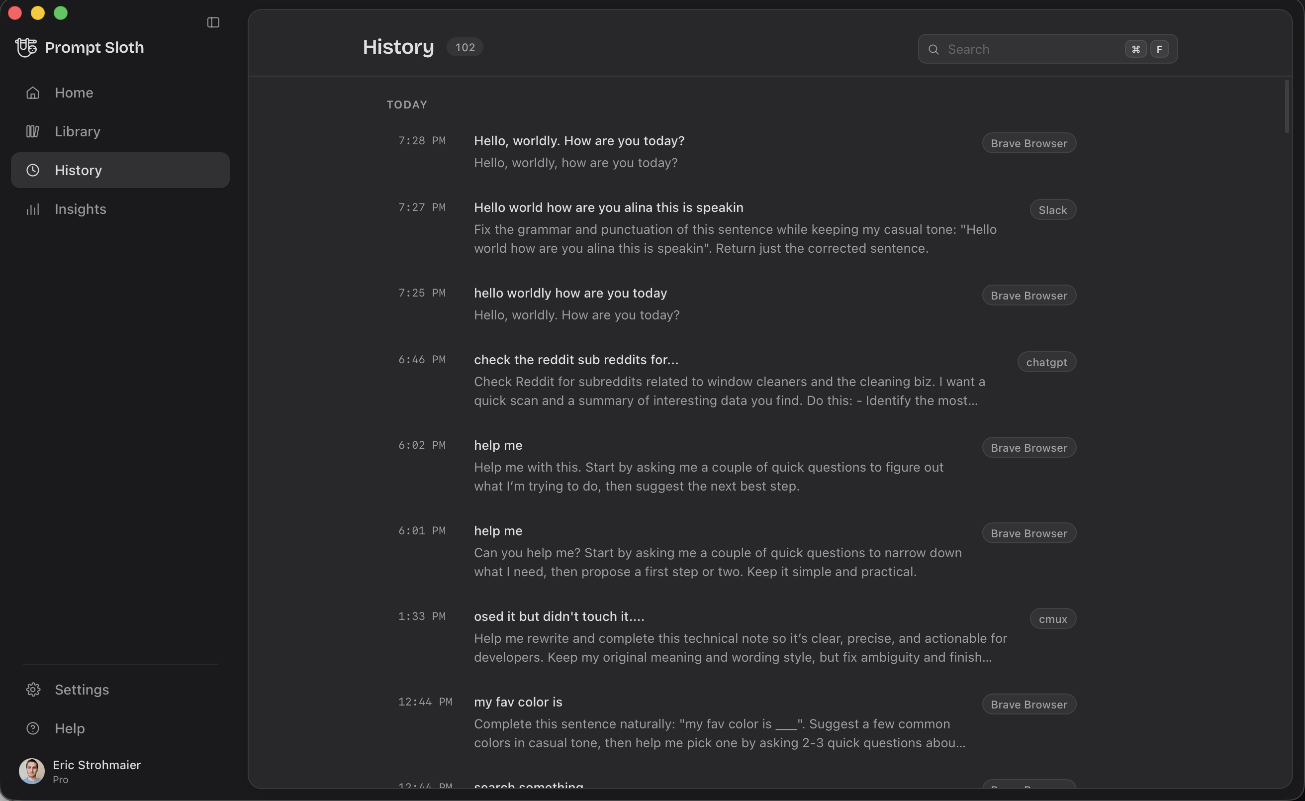 History, listing past improvements tagged with the app each came from
