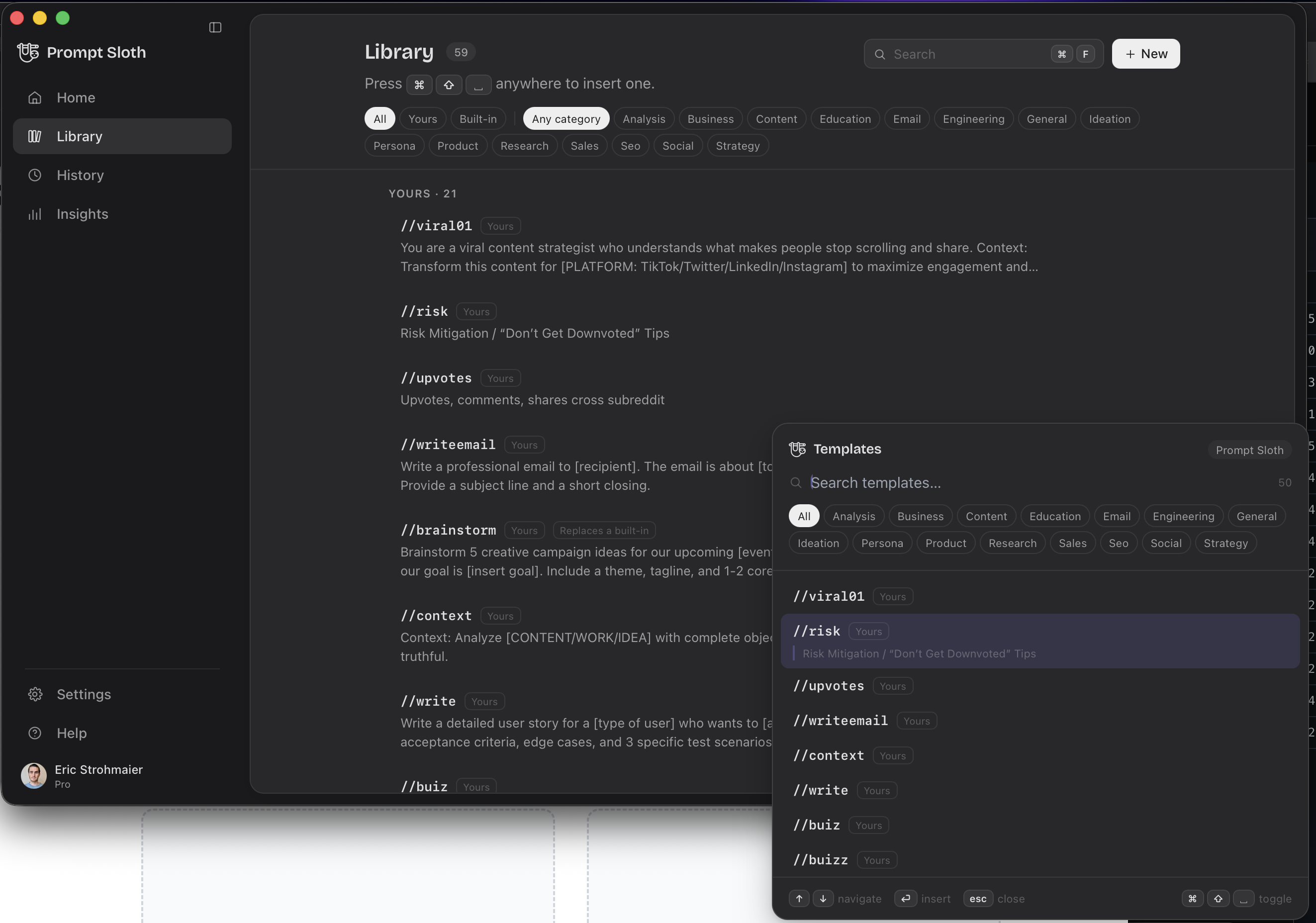 The template library with the ⌘⇧Space palette open over it, listing //keyword templates