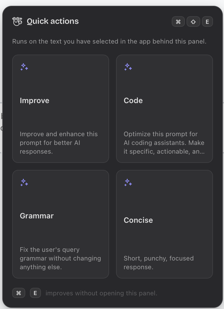 The ⌘⇧E quick-actions panel: Improve, Code, Grammar and Concise